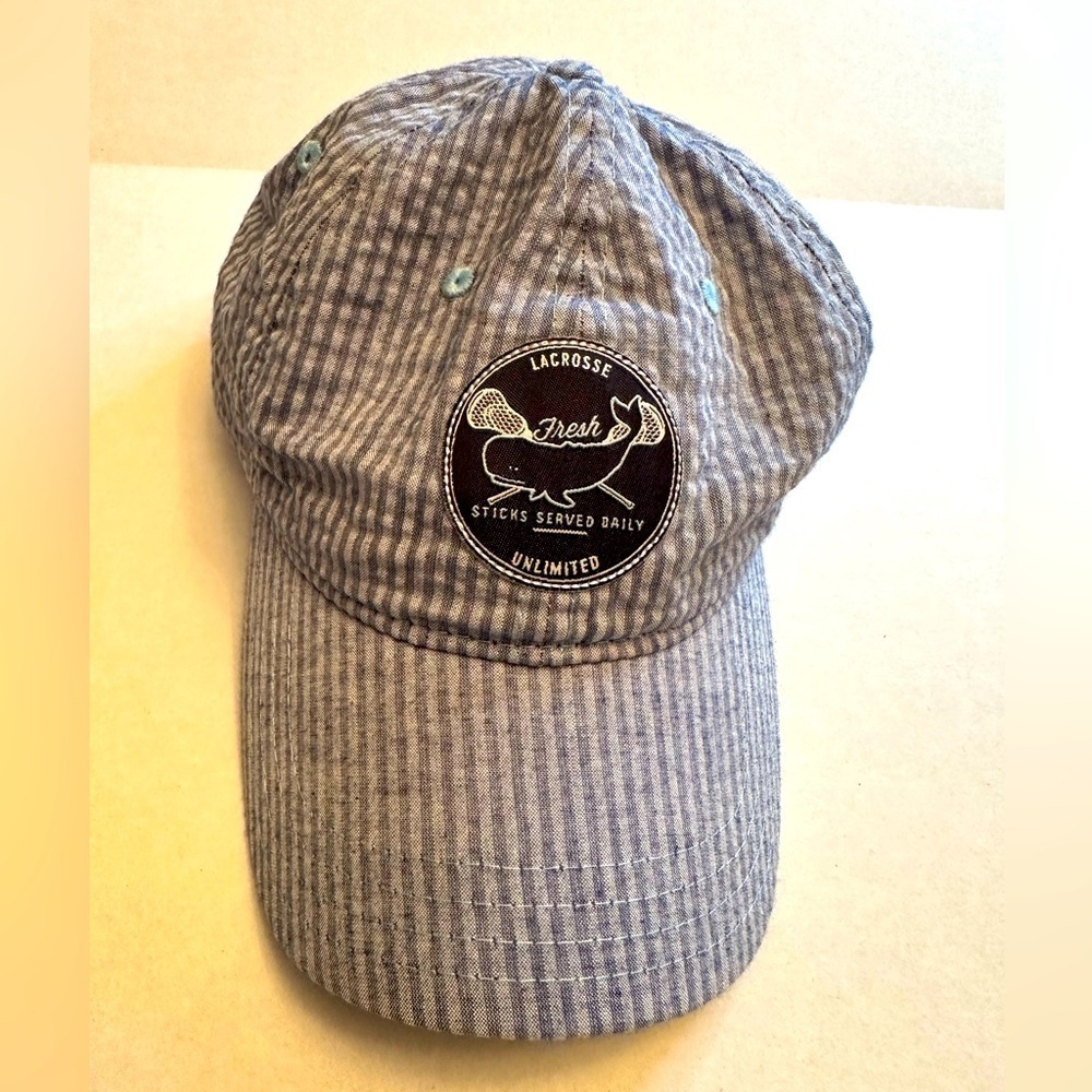 Lacrosse Unlimited Striped Hat Whale Logo Front Blue White Adjustable‎ Back